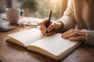 person writing in journal reflecting on personal experiences