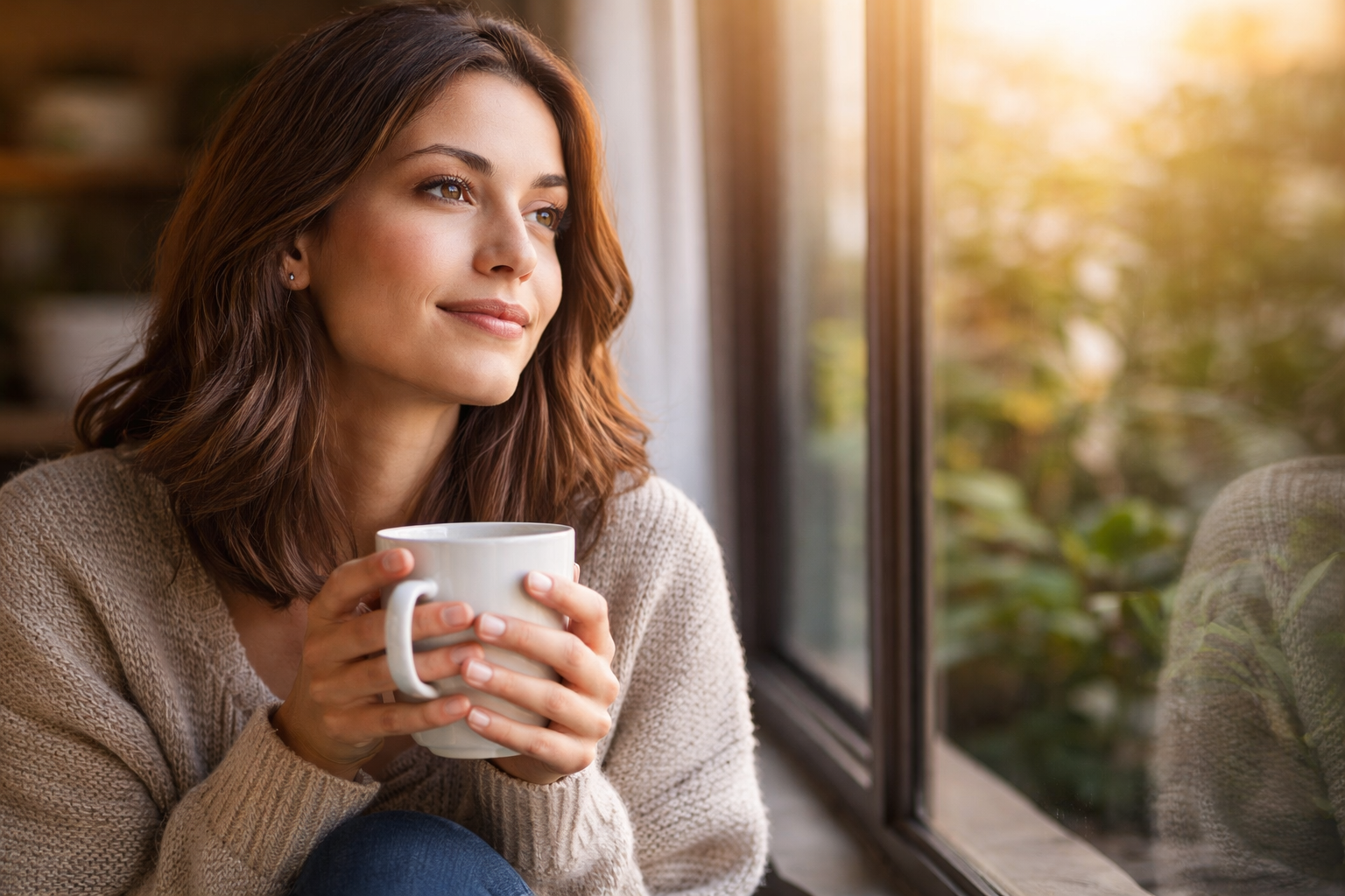 woman reflecting by window thinking about life decisions