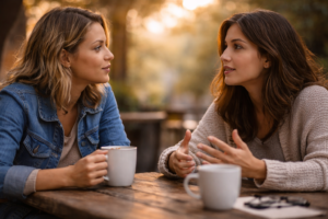 two friends having deep conversation about life decisions