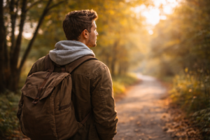 person walking alone reflecting on life decisions at sunset
