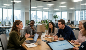 Professionals practicing active listening during a meeting