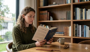 Person reading La Interacción and reflecting on communication